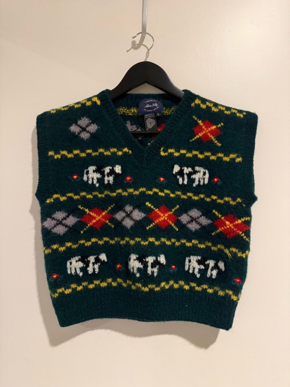 Vintage Allen Solly Green V-Neck Patterned Wool Sweater Vest